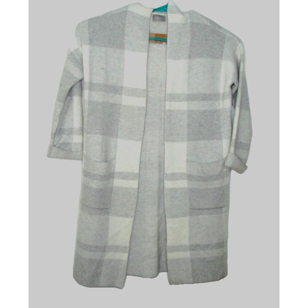 Cyrus Womens Lg Sweater Gray Plaid Open Front Long Cardigan Duster Soft Pockets